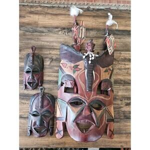 Antique Handmade 3 African Masks with Two Carved Sticks Made In Kenya